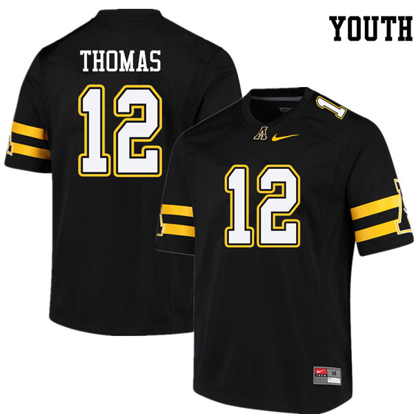 Youth #12 Zac Thomas Appalachian State Mountaineers College Football Jerseys Sale-Black - Click Image to Close